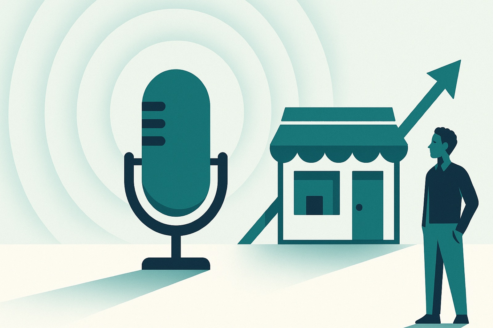 Flat teal illustration of a podcast microphone with sound waves flowing toward a small storefront and an upward growth arrow, symbolising a small business growing profitably from Facebook ads