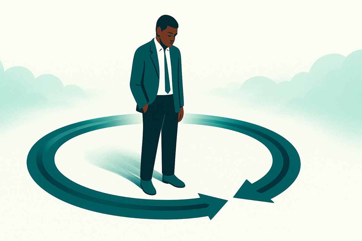 A founder trapped in a repeating circular loop, motion with no progress